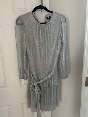 Express Silver Metallic Long-Sleeve Tiered Tie-Waist Dress